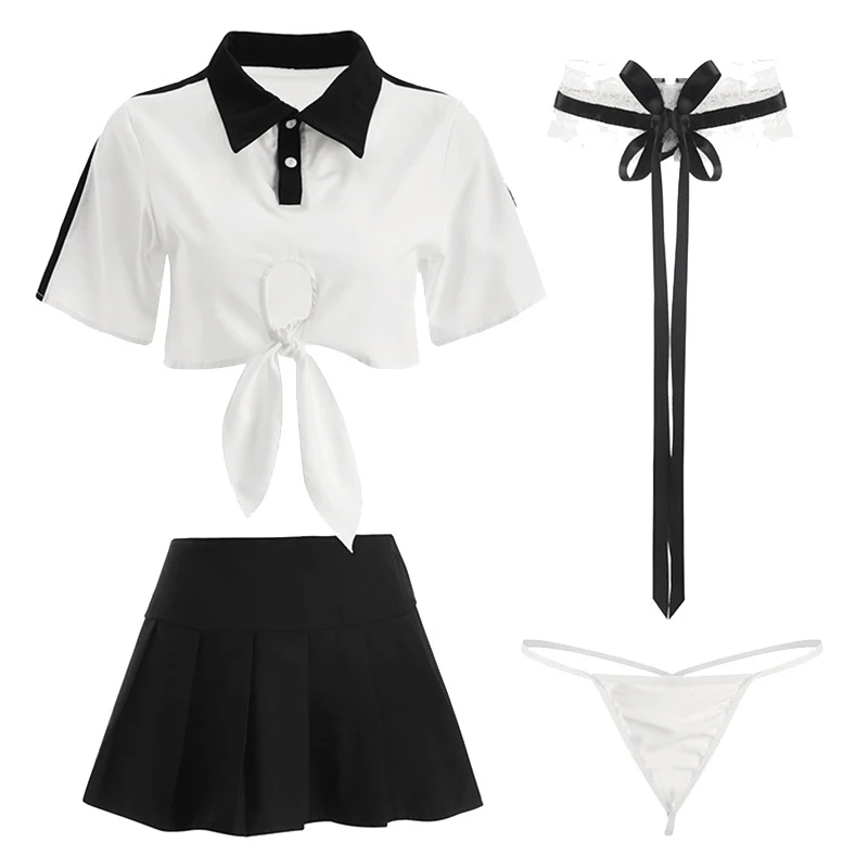 

Women Pajamas 6 Piece Sets Bowknot Hollow See-Through Low Waist Sleepwear School Student Uniform Seduction Sexy Female Nightgown