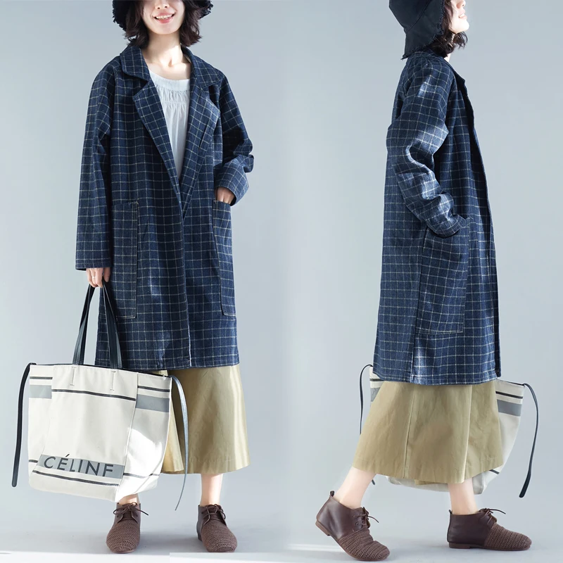 

Women Denim Trench Coat Loose All-Match Suit Collar Fashion Plaid Big Pocket Straight Unique Casual Trendy Daily Mid Coats Femme