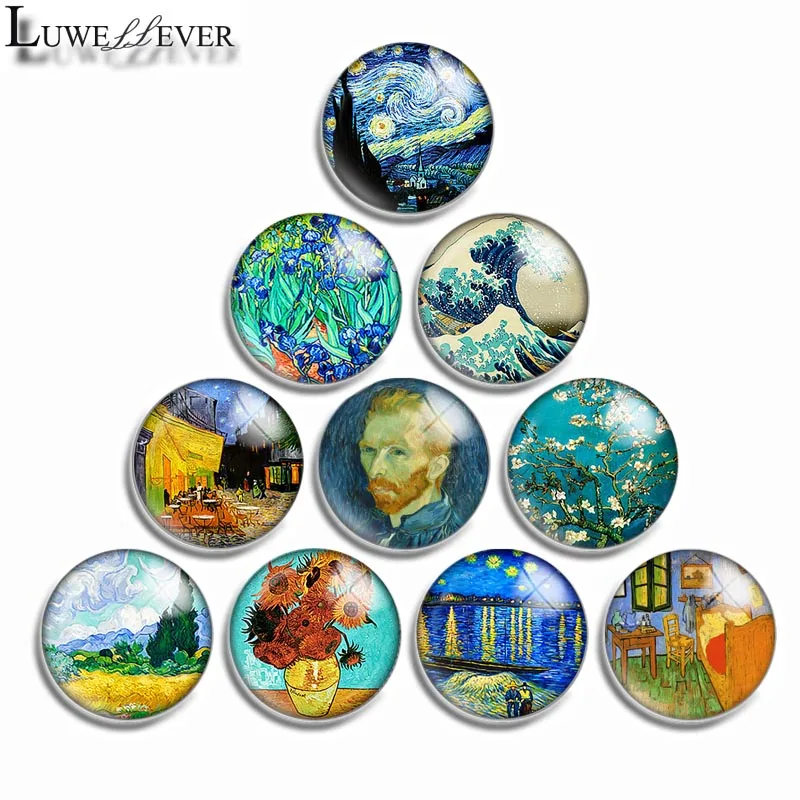

10mm 12mm 16mm 20mm 25mm 30mm 555 Gogh Painting Mix Round Glass Cabochon Jewelry Finding 18mm Snap Button Charm Bracelet