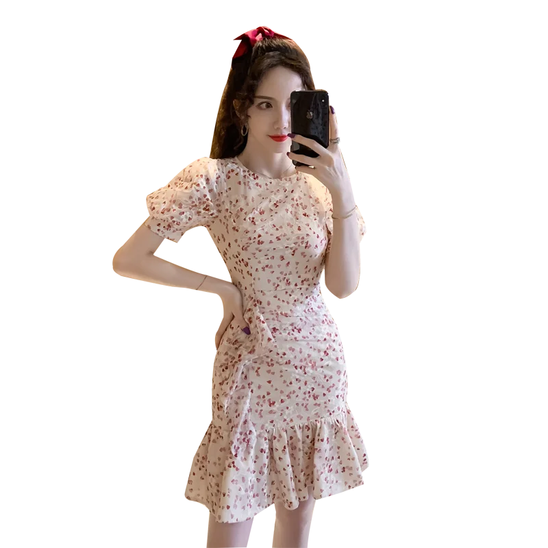 

new summer style bubble sleeve printing wrapbuttocks rouind collar fashion thin sexy temperament office party for women dresses