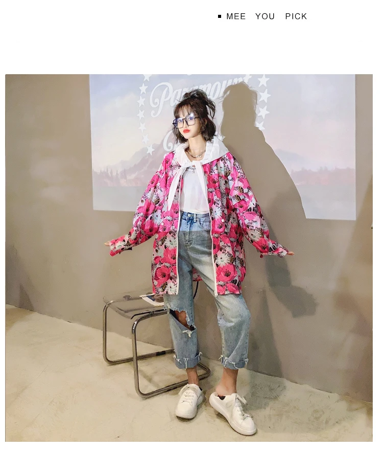 

Vefadisa Rose Pink Fashion Floral Print Sunscreen Coat Women 2021 Summer Hooded Sun-Proof Coat Plus Size Women Coat Thin QYF5555