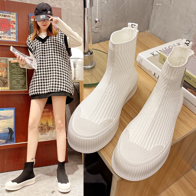 

Stretch knit boots, new breathable thick-soled all-match set of feet, fashion casual shoes, trendy women's short boots