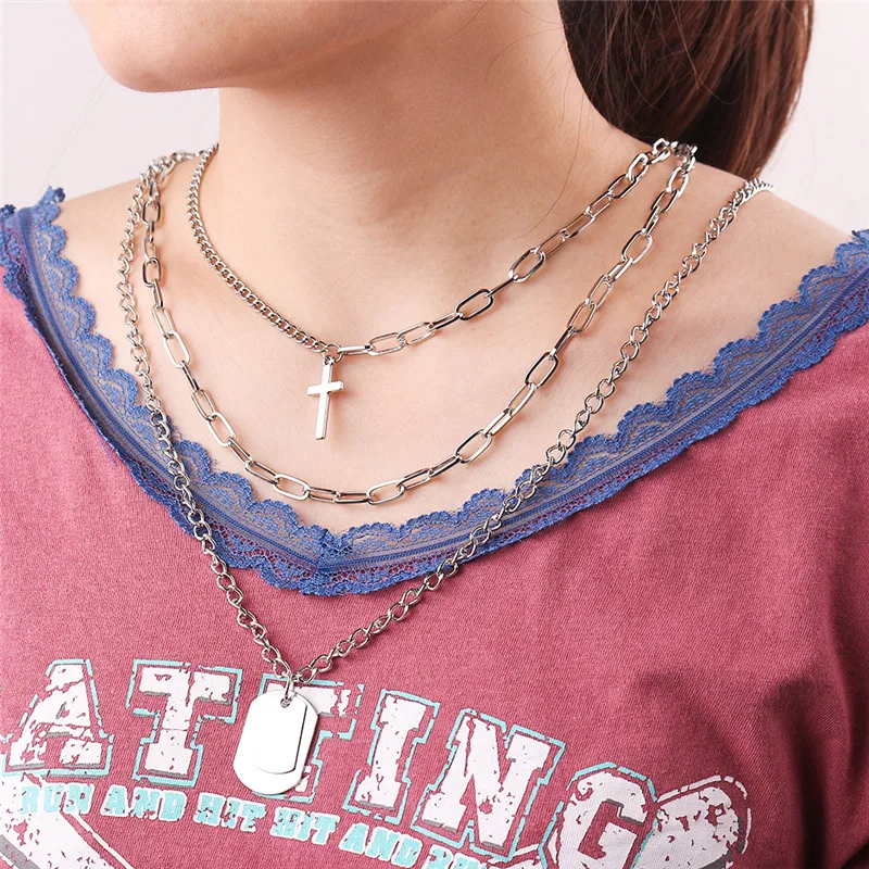 Крест ожерелье многослойное Панк Серебряная цветная цепочка для мужчин рок