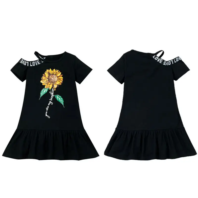 

Baby Girls Short Sleeve Dress Summer Black Sunflower Print Cotton Off Shoulder Dresses Loose Casual Fashion Ruffle Skirt