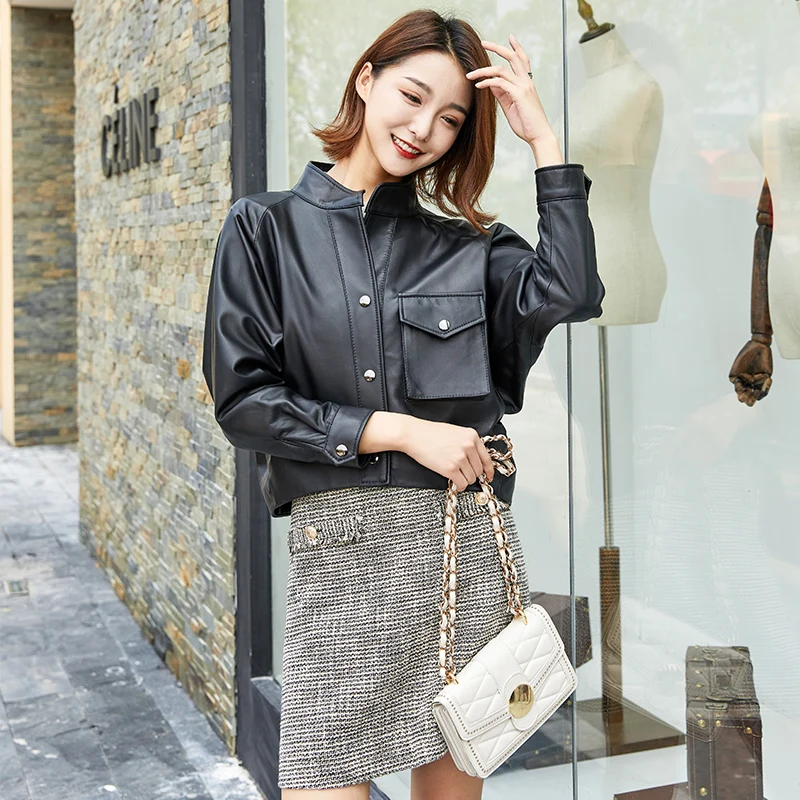 

Gours Real Leather Jackets for Women Fashion Black Genuine Sheepskin Short Motorcycle Jacket and Coats Classic Punk Style 20017