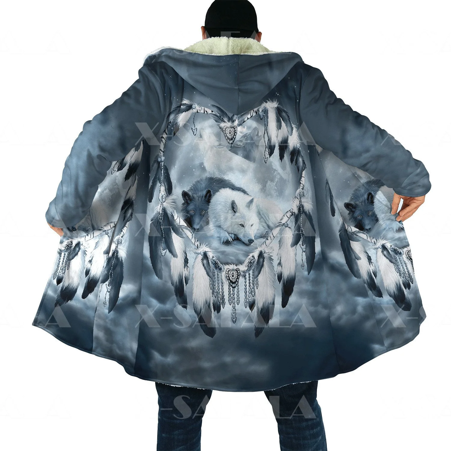 

Thick Warm Hooded Cloak for Men Native Wolf Feather Totem Overcoat Coat 3D Print Windproof Fleece Cape Robe Hooded Blanket-36
