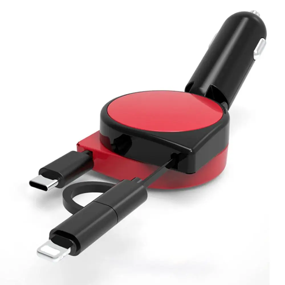 Car Charger Quick Charge 3.1A with Dual Retractable Cable Multifunctional 3 in 1 Compatible Android Type-C iPhone |