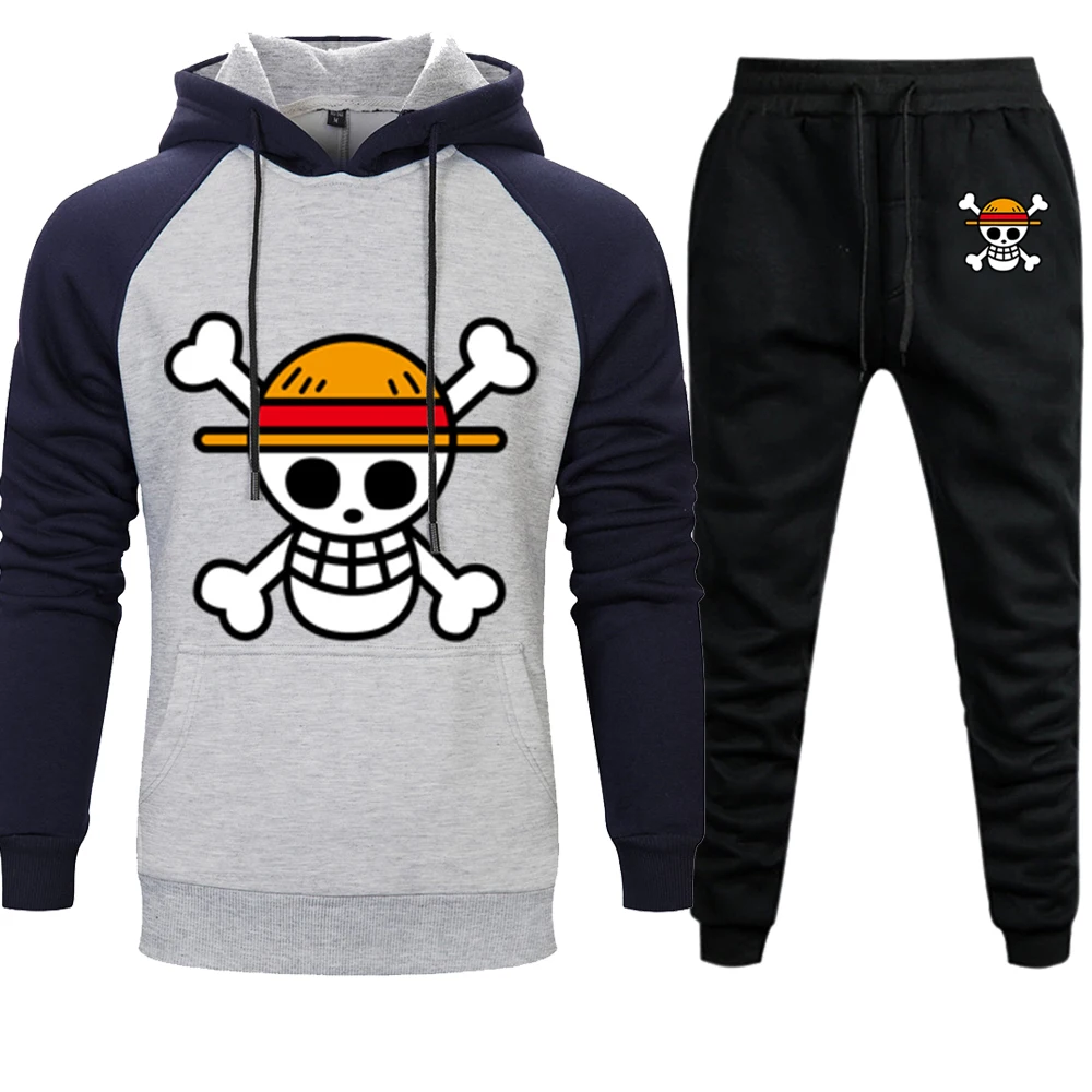 One piece Аниме мужские Комплекты Толстовки штаны Череп Луффи толстовка с капюшоном штаны Осень Зима повседневные 2 шт Спортивные Штаны Толстовка