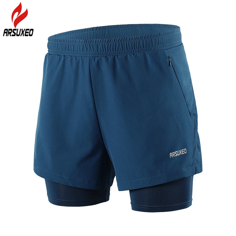 ARSUXEO Reflective Running Shorts Men Breathable 2 In 1 Gym Fitness Training Exercise Jogging Shorts with Liner Zipper Pocket