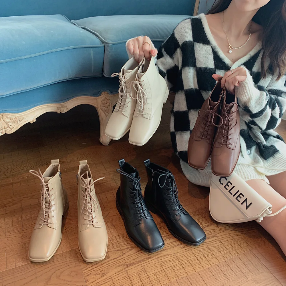 

Женские ботинки на шнуровке, однотонные ботинки с квадратным носком и перекрестной шнуровкой, на молнии сбоку, Размеры 35-39, для осени и зимы, ...