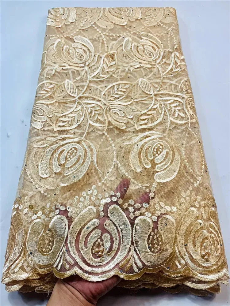 

Африканская кружевная ткань цвета шампанского, 2021, высококачественное кружево с бисером, нигерийские кружевные ткани для свадьбы, французс...