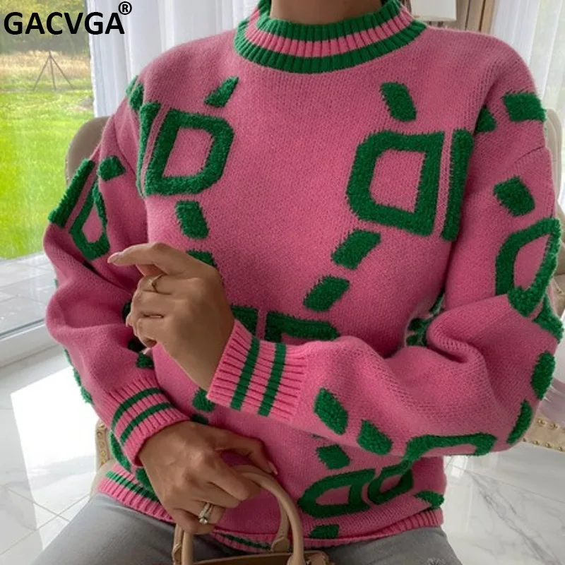 

Женский свитер с длинным рукавом GACVGA, розовый вязаный Зеленый Свободный пуловер оверсайз с круглым вырезом, повседневный винтажный свитер, ...