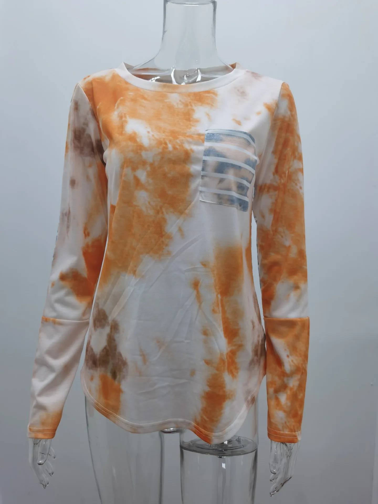 

2021 Autumn/Winter Women New T-shirts O-Neck Colourful Print Pocket Casual Loose Tops Female Pullovers Blouses Plus Size S-3XL