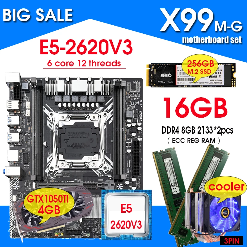 

X99 motherboard combos LGA2011-V3 E5 2620 V3 Processor 2pcs 8GB 2133=16GB ECC memory with 256GB M.2 SSD GTX1050TI 4GB +cooler