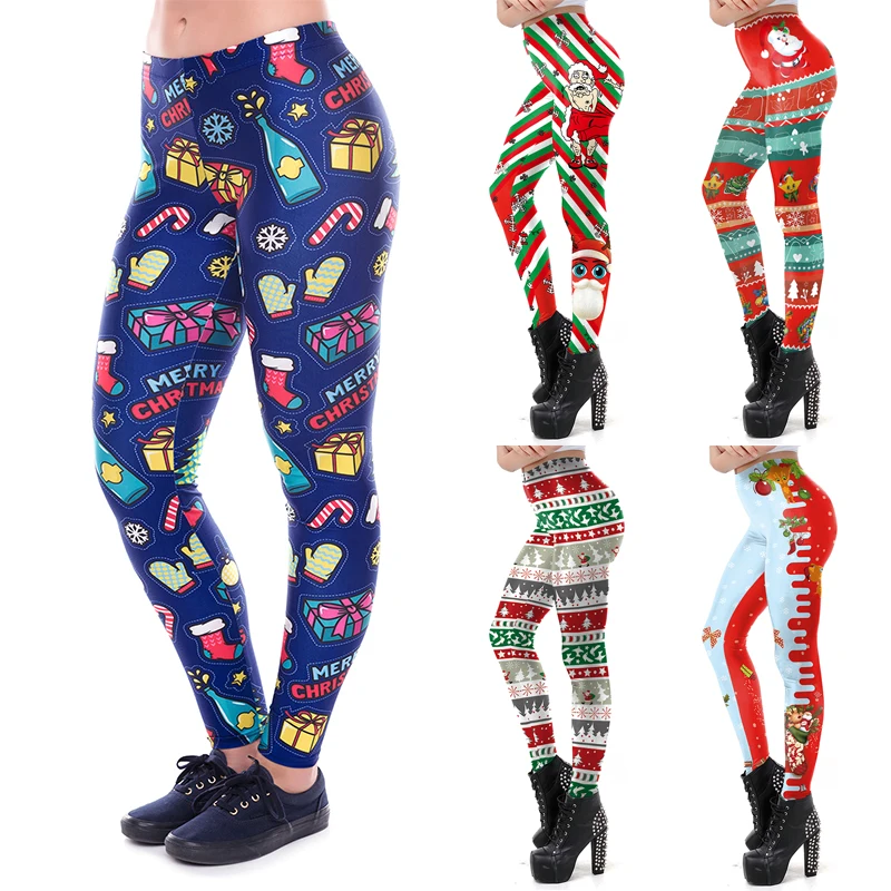 

Женские рождественские брюки, женские эластичные повседневные облегающие леггинсы, спортивные штаны для тренировок с рождественским прин...