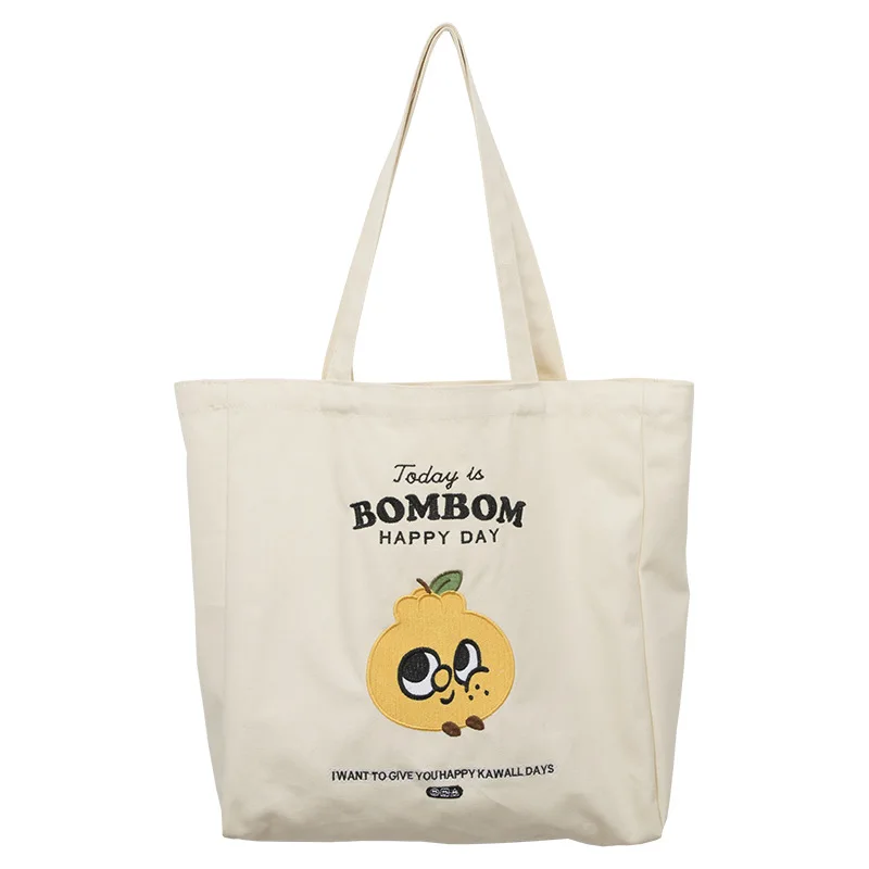 

Women Canvas Shopping Bag Orange Cartoon Embroidery Cotton Cloth Shoulder Bag Eco Handbag Tote Reusable Grocery Shopper Bags