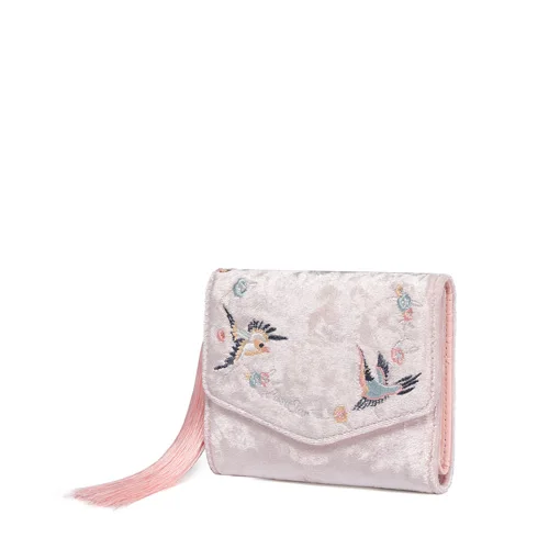 Розовый Женские велюровые кошельки JUST STAR, женский короткий кошелек в китайском стиле с вышивкой летающей птицы, Женский кошелек с кисточками, подарочная упаковка, посылка - Цвет: Розовый