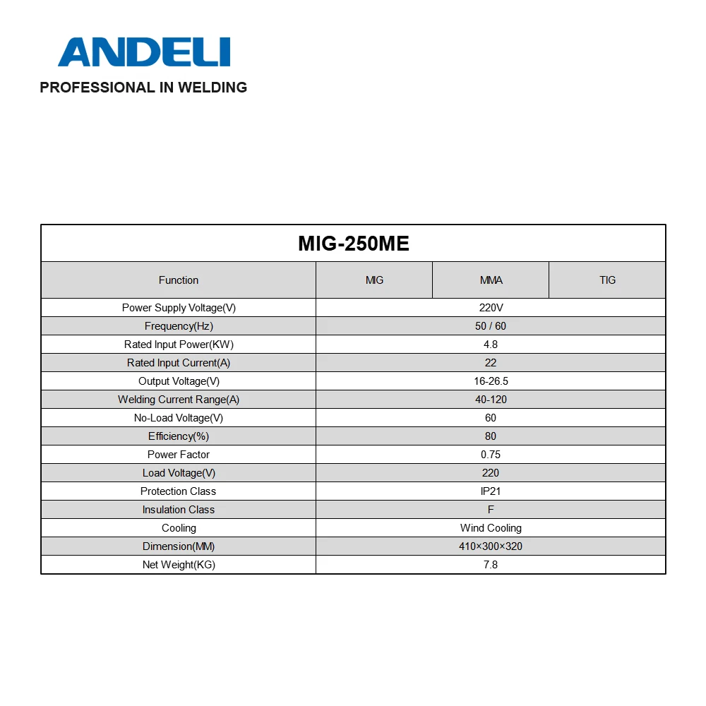 

ANDELI 220V MIG-250ME MIG MMA LIFT TIG 3 in1Household Single Phase Inverter MIG Welder MIG Welding Flux Welding Gasless Welding