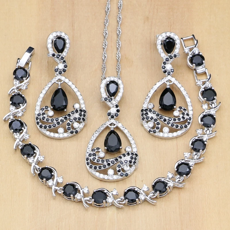 

925 Silver Jewelry Sets Black Zircon White Crystal Decoration For Women Party Earrings/Pendant/Rings/Bracelet/Necklace Set