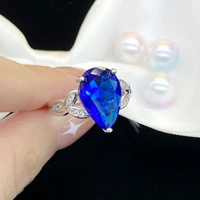 925 fashion flower shaped leaf drop shaped simulation sapphire color treasure adjustable ring temperament for women fine jewelry