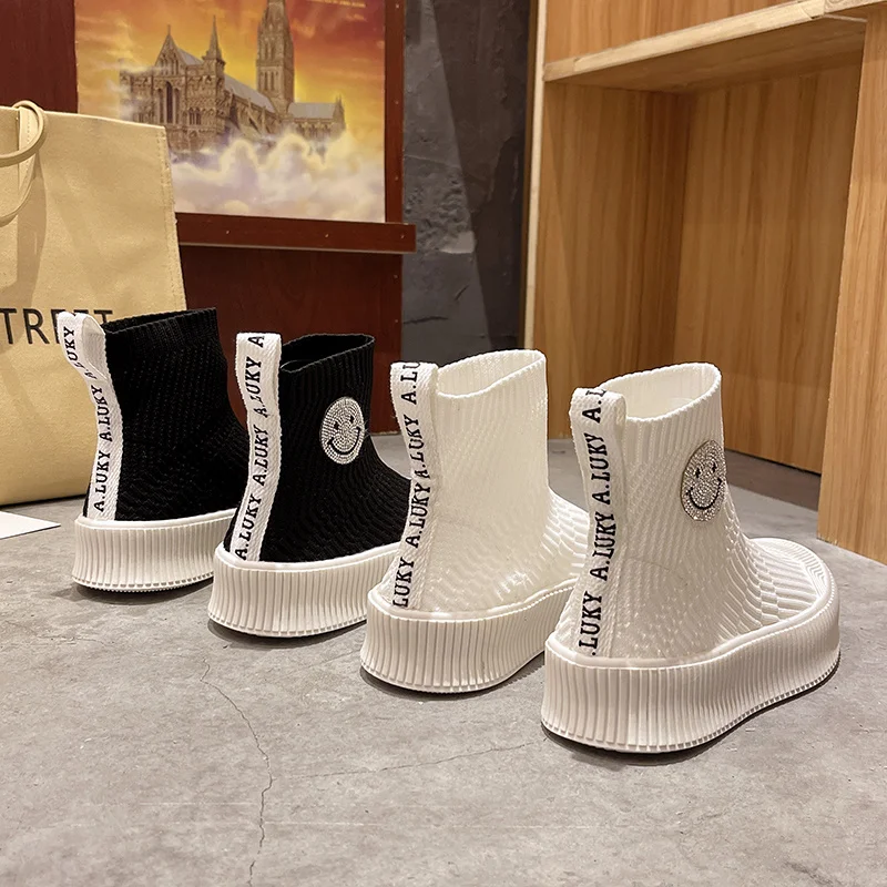 

Women's Sports Shoes Fashion Women's Sneakers 2021 Rhinestone Smiley High Top Thick Bottom Comfortable Slip-on Women's Shoes