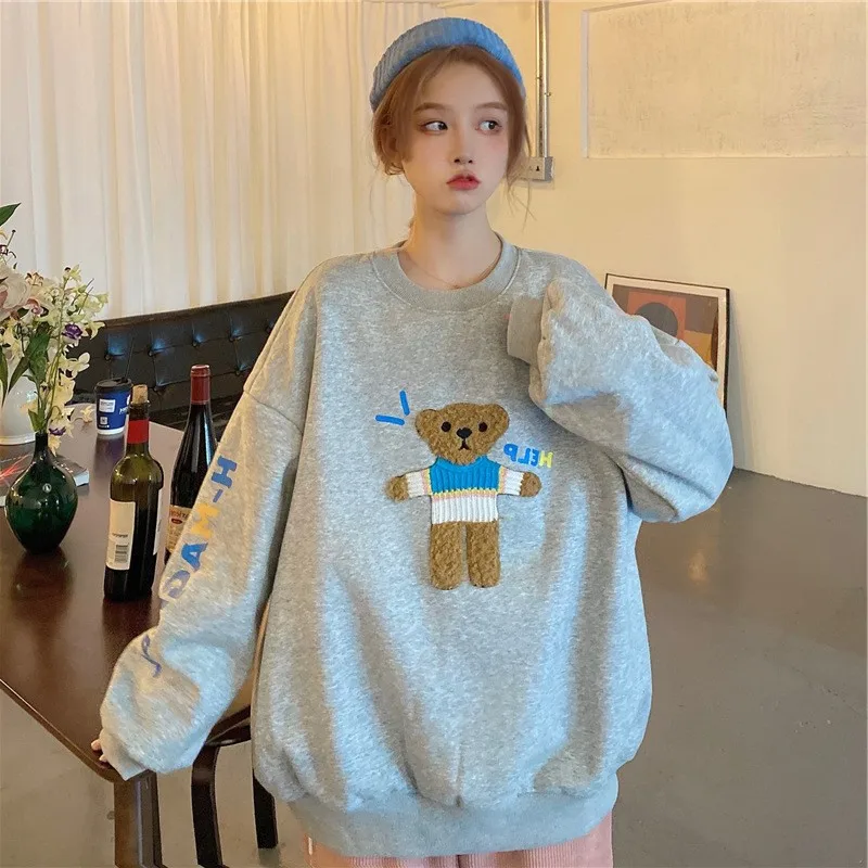 

Embroidered O Neck Long Sleeve Women Sweatshirt Hoodies Autumn Winter Ladies Kawaii Clothes Top Bear Casual Loose Chic Pullover