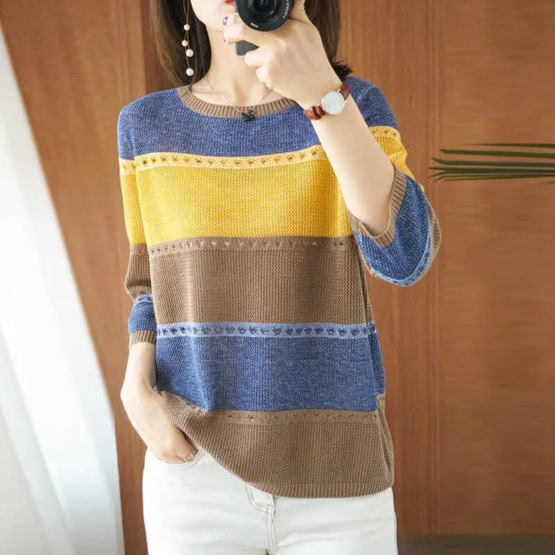 

2020 fall fashion women knit stripe bottom top women's round collar loose seven-point sleeve striped sweater
