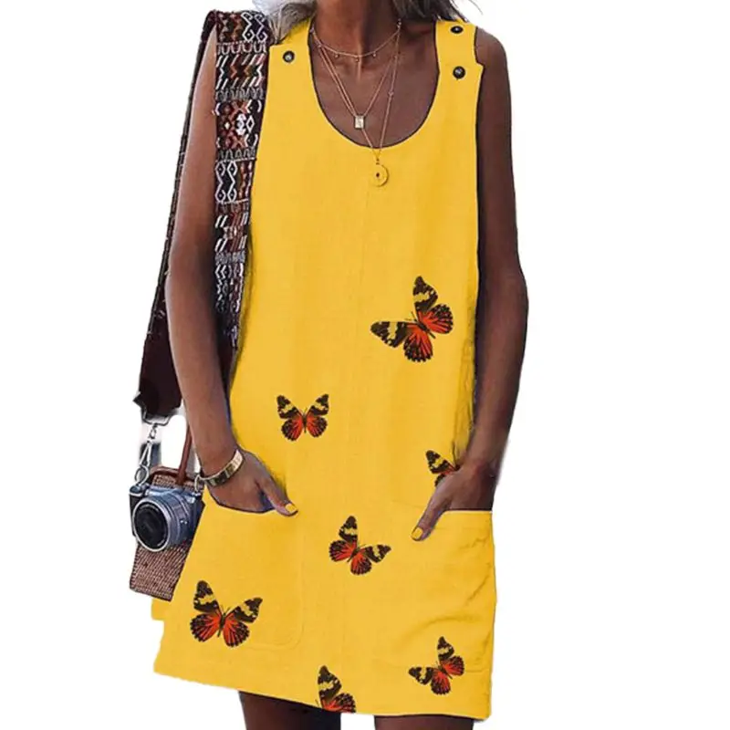 

Женские ботинки размера плюс Лето Без Рукавов свободное платье на пуговицах с бабочками и ремешками с u-образным вырезом повседневные Пляжн...