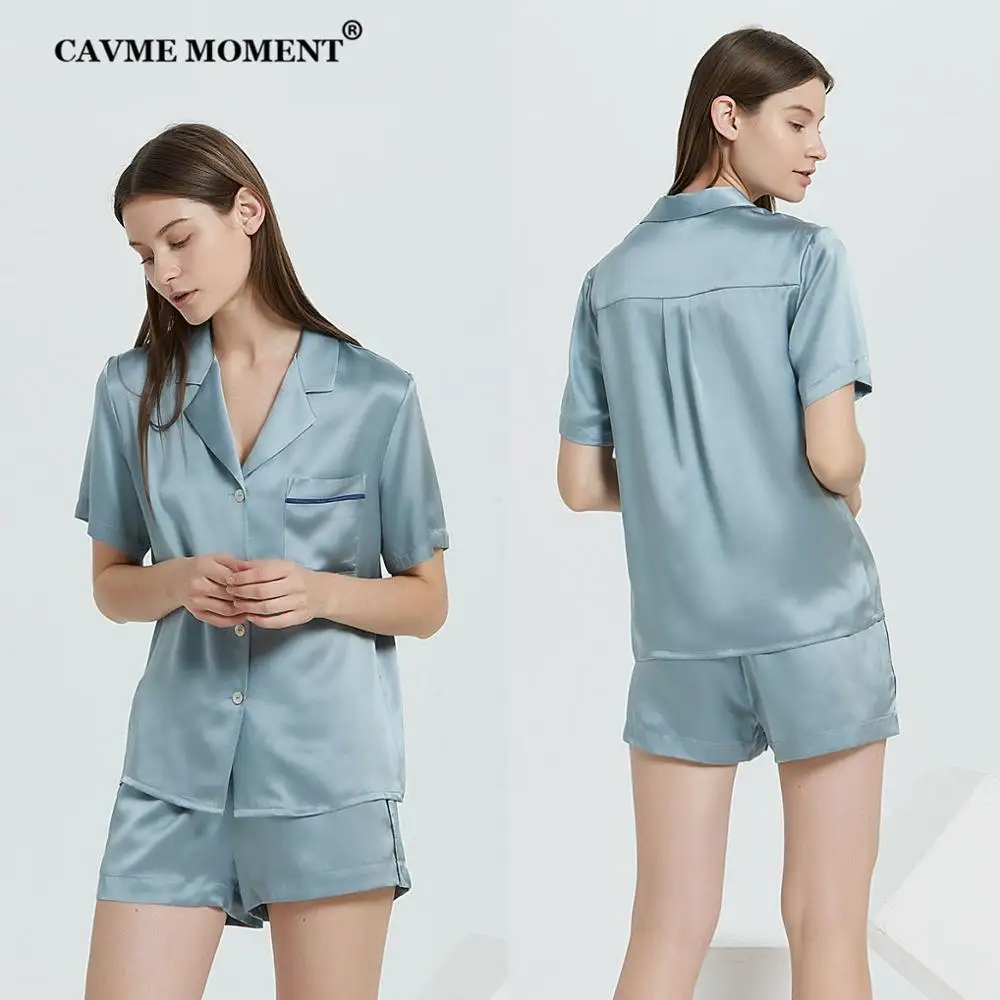

CAVME PLUS SIZE Silk Pajama Set for Women 100% Sleepwear 2 Pieces Short Sleeve Short Pants Solid Color Homewear Homeclothes