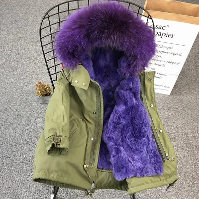 green violet Army Green Coat Fur Jacket Girls Winter Clothes Rabbit Fur Kids Parkas Real Raccoon Fur Hooded Children Jacket For Girls TZ90 - Цвет: green violet