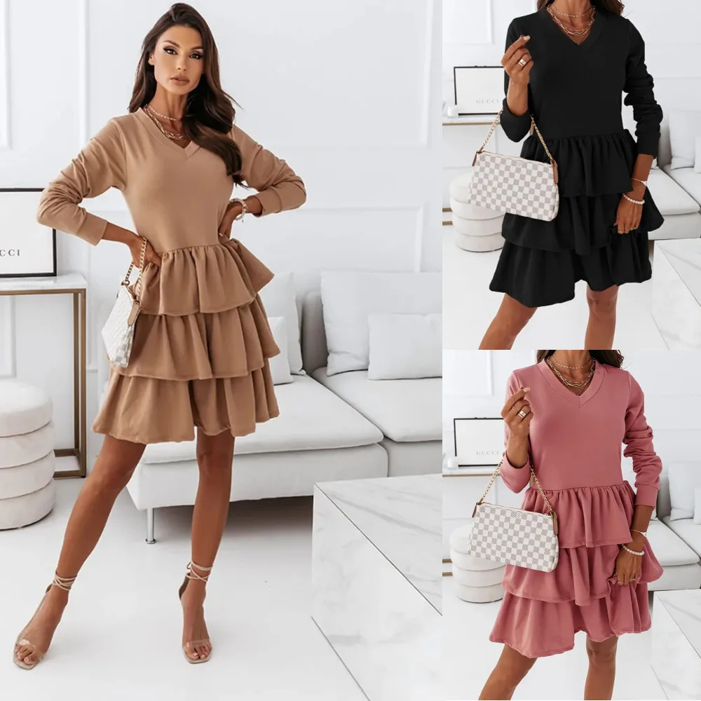 

Women Elegant Long Sleeve Dress Spring Autumn New Solid Color Casual Ruffles Office Lady Black Dress Mini Party Vestidos Clothes
