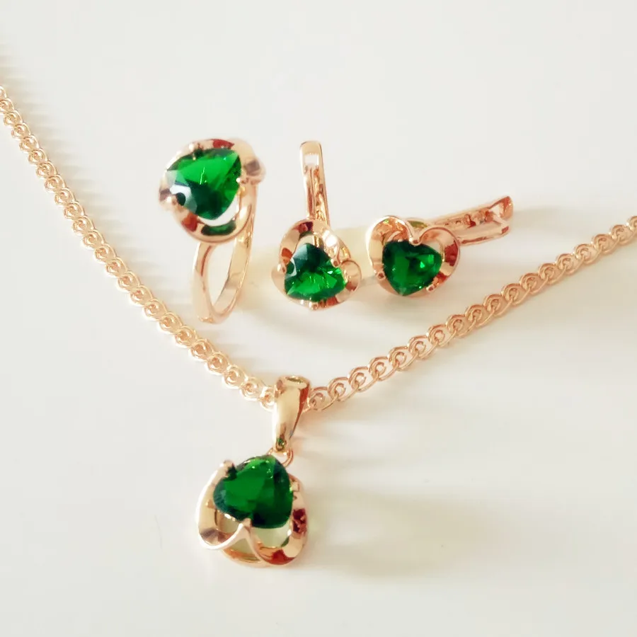 Новая мода серьги Ювелирные наборы Мода зеленая в форме сердца кубический циркон
