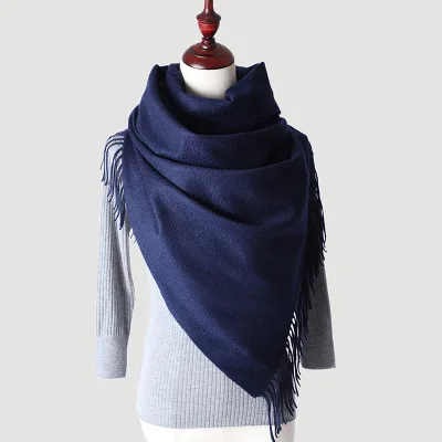Navy Blue Мужской шарф, зимний роскошный брендовый кашемировый шарф, шерстяная шаль, теплая Толстая кисточка, однотонный, большой размер, палантин из пашмины, новинка - Цвет: Navy Blue