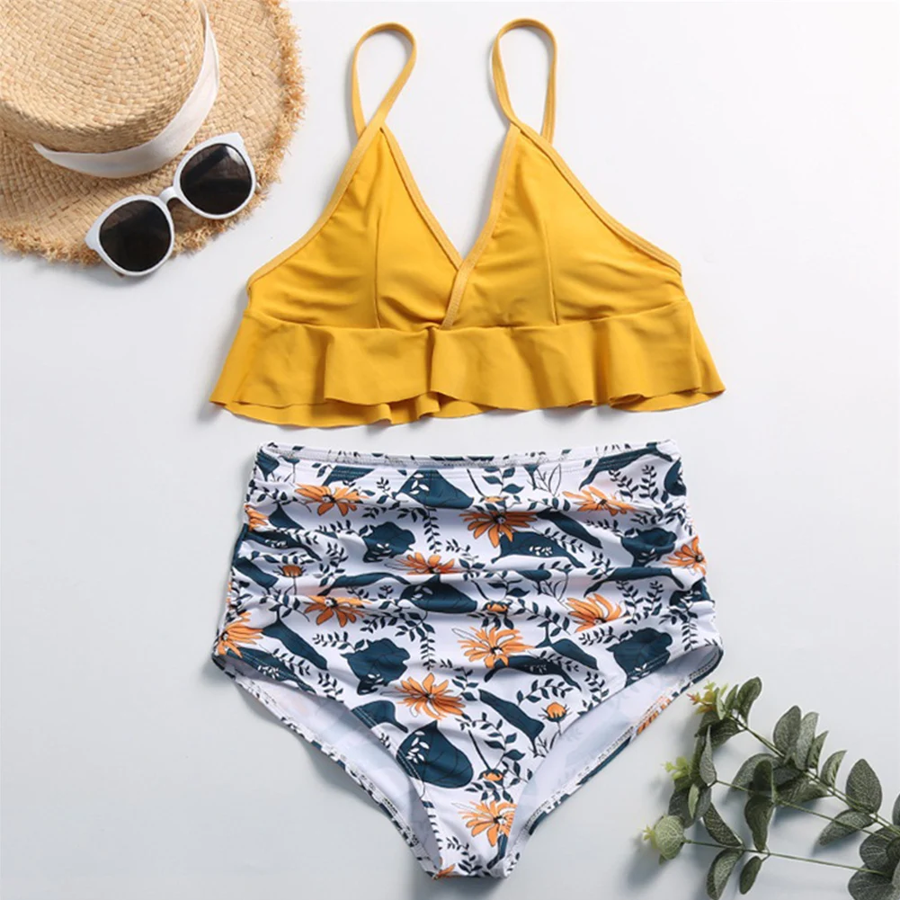 

Женский раздельный купальник с V-образным вырезом, высокой талией и рюшами