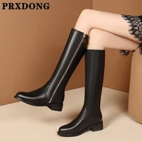 new 2021 autumn winter women knee high boots high quality black zipper square med heels shoes woman long boots plus size 34 43