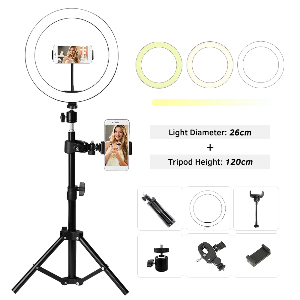 

26cm Fill Light Ring Light LED Light Folding Fill Light for Photography Live Makeup YouTube with Tripod Stand Tripod Head Phone