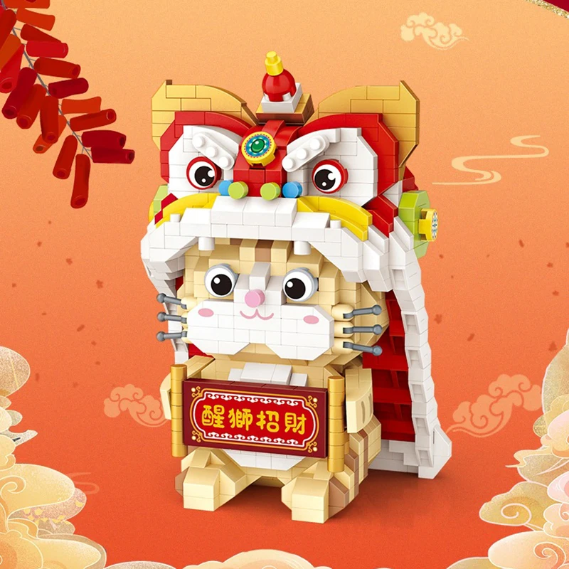 

Mini Building Blocks Chinese Traditional Culture Spring Festival Activities Lucky Cat Lion Dance Model Building Block Toys