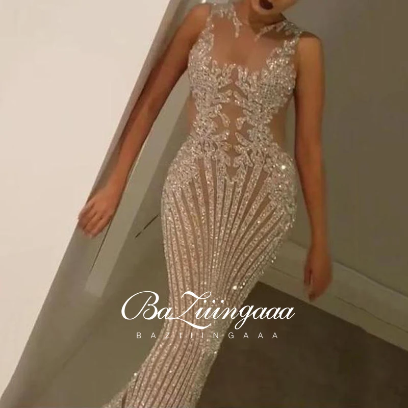 BAZIIINGAAA Luxury Evening Dresses Long Woman Gown 2021 Sequins Robe De Soir Parties Plus Size Bride Dress Prom Party Gowns | Свадьбы и