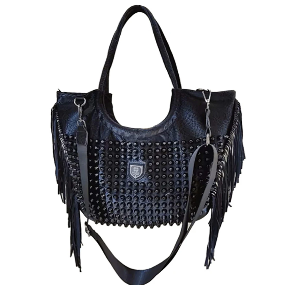 

Fashion Women's Handbags For Men Vintage Steampunk Style Tote Bags Ladies Rivets Tassel Decorate Shoulder Bags High Quality 2021