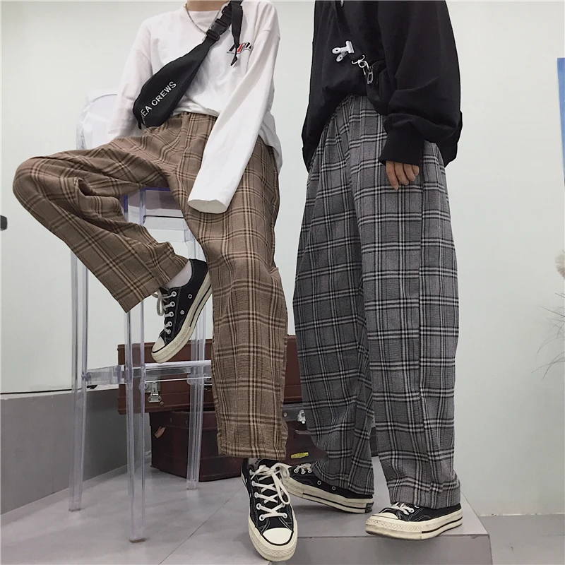 

Брюки женские в клетку, винтажные свободные штаны в готическом стиле, повседневные Прямые брюки с широкими штанинами, в стиле бойфренд/панк,...