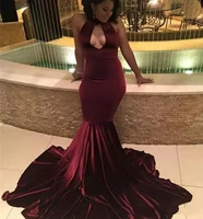 sexy mermaid burgundy velvet prom party dresses halter backless evening gowns formal african vestidos robe de mariage