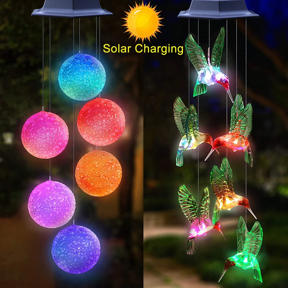 LED Solar Wind Chime Crystal Ball Hummingbird Wind Chime Light Color Changing Waterproof Hanging Solar Light For Home Garden