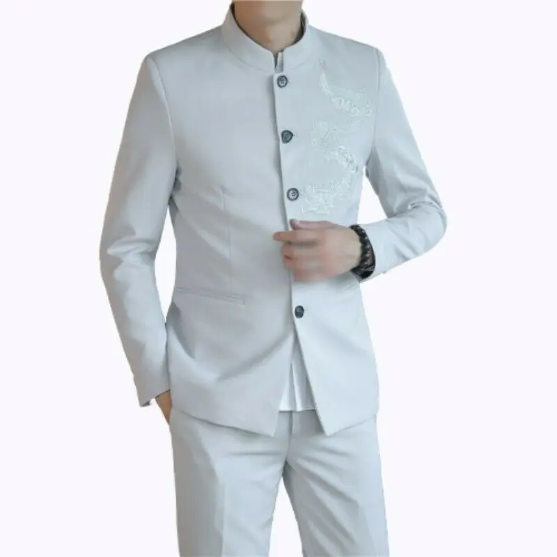 

Men's Chinese Style Suit Embroidered 2pcs Blazer Jacket Pants Slim Fit Costume C176