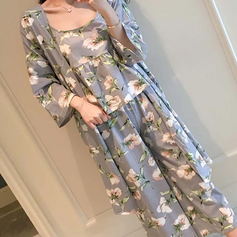orchid Женские пижамы из трех предметов с принтом, ночная рубашка на ремешке, Женская домашняя одежда, комплект с измельченным молоком, осенняя Пижама, Femme Pijama Mujer - Цвет: orchid