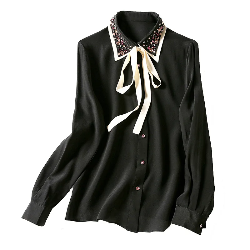 

Spring 2021 cardigan long-sleeved temperamental commuter lapel tie with single row buckled mulberry silk stitching women's wear