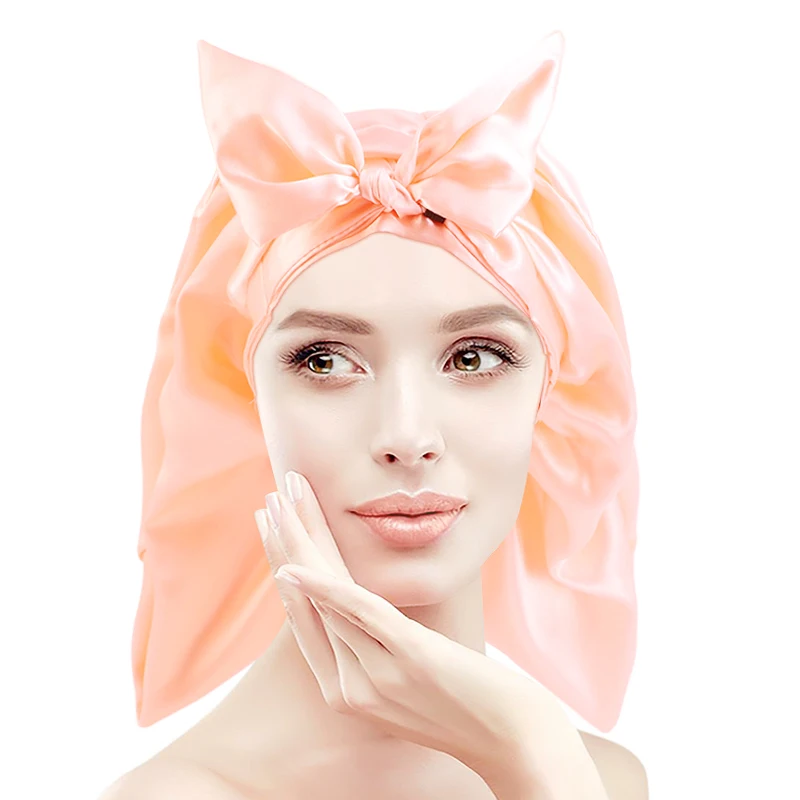 

New Style Satin Hat With Lace-up Long Hairpin Foldable Long Tube Nightcap Ladies Bowknot Hair Care Cap Unisex Night Hat