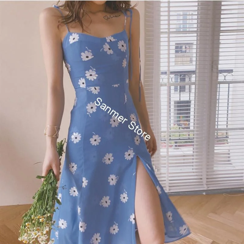 

Spring And Summer Women Side Slit Spaghetti Strap Dress Little Daisy Print Sleeveless High Waist Midi Dress