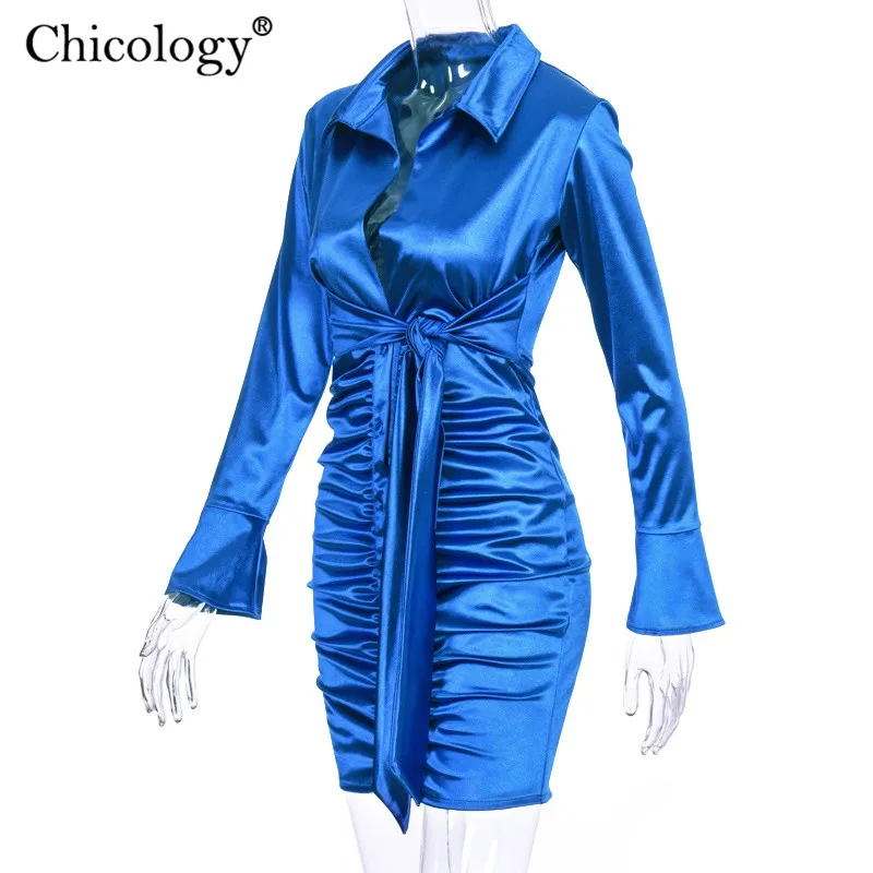 Chicology неоновое атласное атлас зашнуровать мини платье женское 2019 длинным рукавом