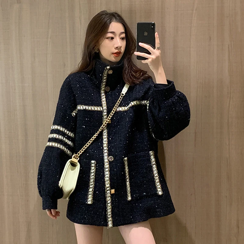 Куртка из твида Темно синего цвета Яркая металлическая ткань осень / зима женская