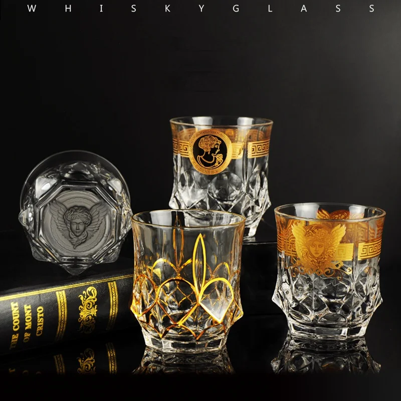 

Luxury Glasses Of Wine Gold Crystal Lrregular Thick Bottom Whiskey Cup Drink Mug Frosted Electroplating Foreign Wine Retro Cup
